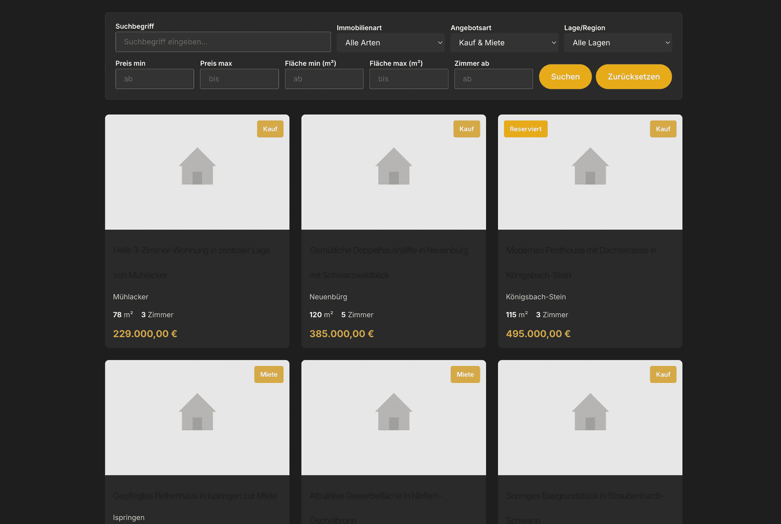 Screenshot der BW Immos Immobiliensuche mit Angeboten